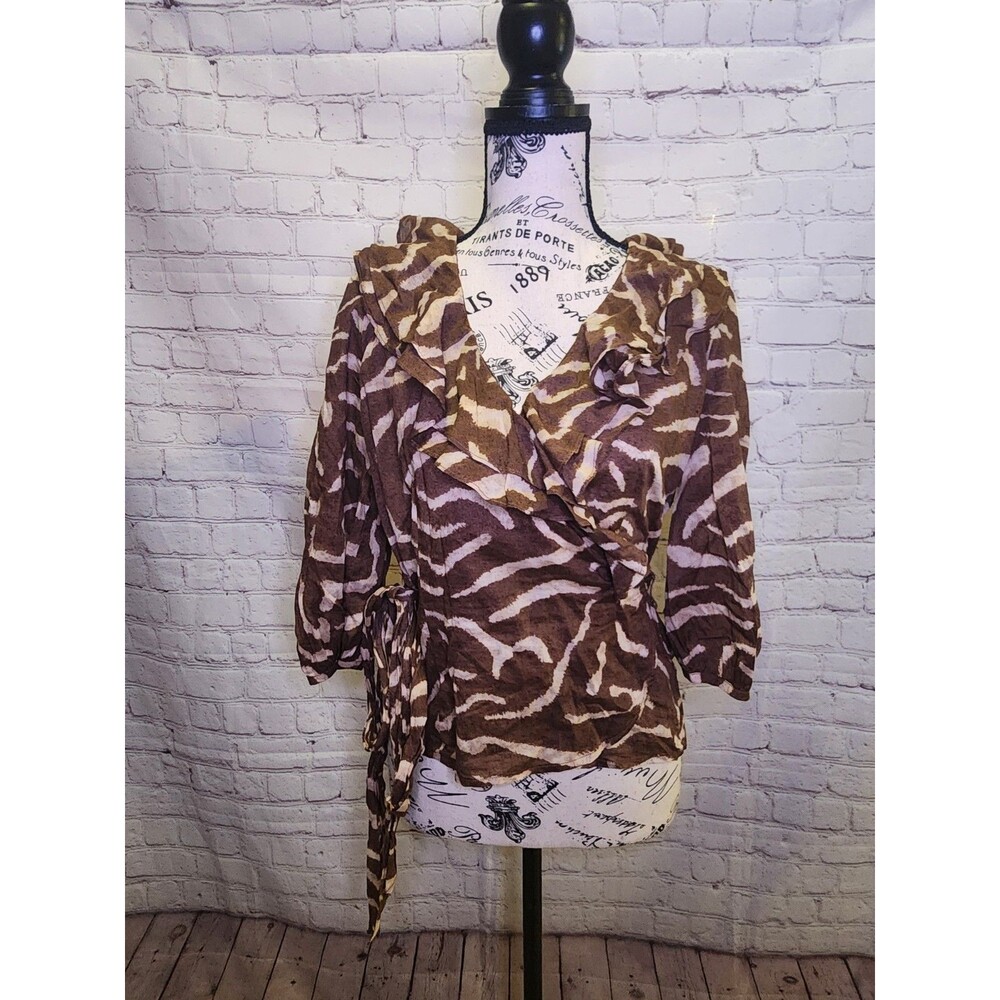 Lauren Ralph Lauren Blouse Womens Small Brown Tan Animal Print Wrap Around